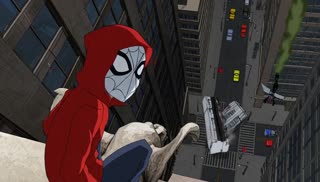 Spider-Man Museum: Web of Variants — Different masks answer the same falling-city emergency in different ways.