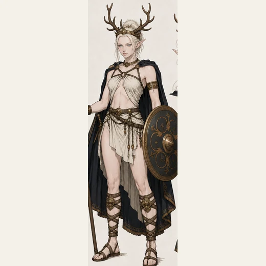 Queen Danna with antler crown, spear and shield